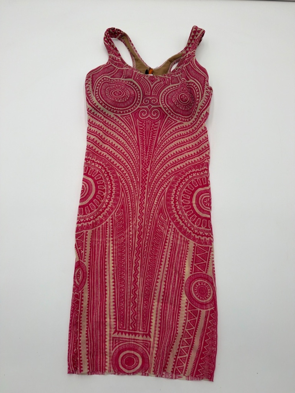 Jean Paul Gaultier Soleil Mesh Mini Dress Pink Sheer Tribal Print Size 44 Y2K